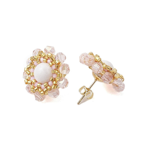 Graines de verre de fleur perlées avec boucles d'oreilles en jade mashan naturel pour femmes