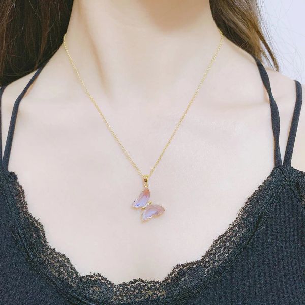 Butterfly 14k Yellow Gold Necklace For Women Aesthetic Pink Purple Crystal Pendant Choker Chain Jewellry Collars Jewelry