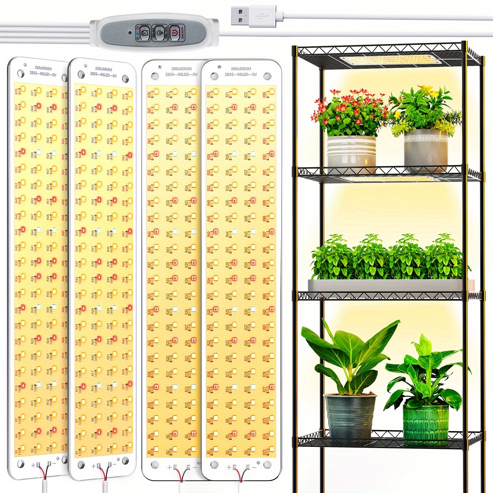 TEMU 4pcs Led Grow Light Strip For Indoor Plants - Full With Red-blue-white-uv Light, Auto Timer (3-6-12h), 4 Dimmable Levels, Low Voltage For