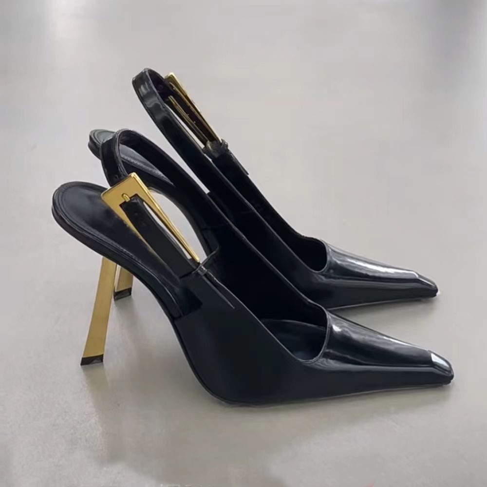 black patent Leather square pointed toe Slingback Pumps shoes stiletto Heels sandals10.5cm women&#039;s Luxury Designer Dress buckle Evening shoes S