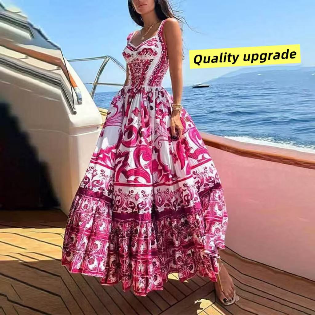 Women&#039;s Dress 2025 Autumn, Summer and Winter New European and American Printed Suspender Pleated Slimming Sleeveless Big Swing Dress Wholesale