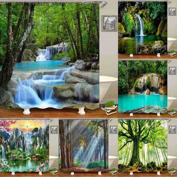 Shower Curtains 3D printed green forest waterfall shower curtains waterproof bathroom curtains with hooks bathroom curtains 180 * 200 polyes