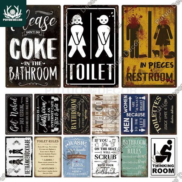 Putuo Decor Restroom Retro Tin Signs Vintage Bathroom Plaque Metal Plates Wall Art Posters Decoration for Toilet Iron Paintings Y240803