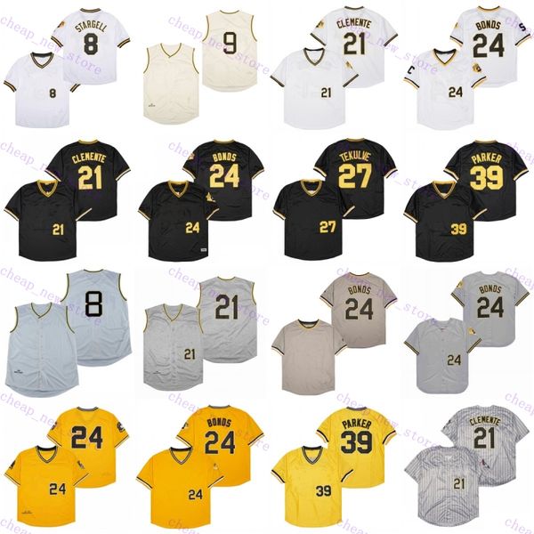 Cheap Baseball Jerseys 8 Stargell -9 Mazeroski -21 Clemente -24 Bonds -27 Tekulve -39 Parker Vintage Retro Black Grey Yellow Shirt Mesh Stit