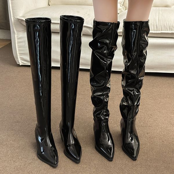 Designer 2024 autumn and winter new style circumference high heels pleated patent leather pointed toe thin heel over knee wide tube women&#0