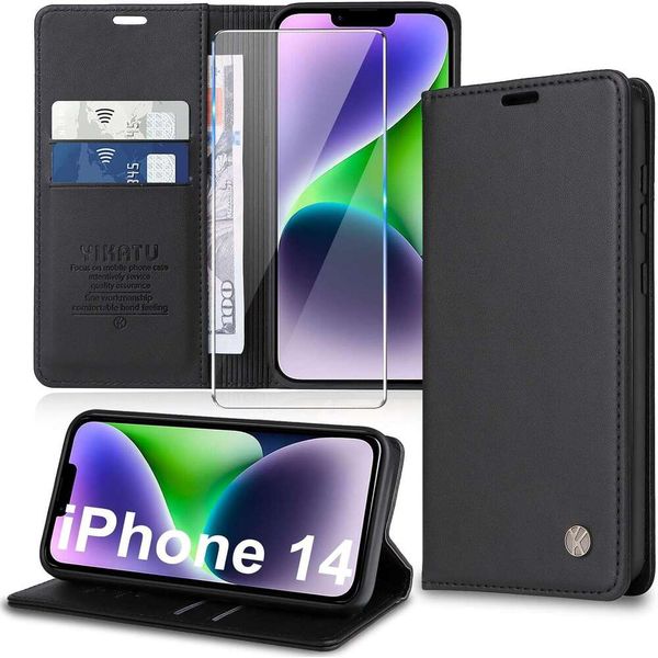 with Screen Protector Card Holder RFID Blocking PU Leather Kickstand Shockproof Phone Case Cover for iPhone 14 6.1 inch (Black)