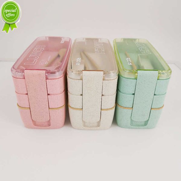 Update New Healthy Material Lunch Box 3 Layer Wheat Straw Bento Boxes Microwave Dinnerware Food Storage Container Lunchbox 900Ml