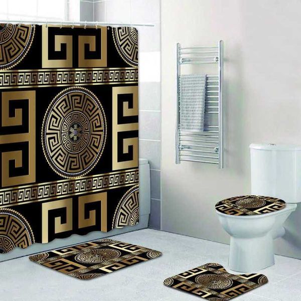 3D Luxury Black Gold Greek Key Meander Baroque Bathroom Curtain Shower Curtain Set Modern Geely Bathroom Carpet Decoration Y241203