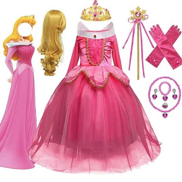 Meninas dormindo Beau Aurora Cosplay Princess Dress Kids Elsa Anna Conjunto de 3-10 anos Crianças Fantas de Halloween Clothingsxj250117