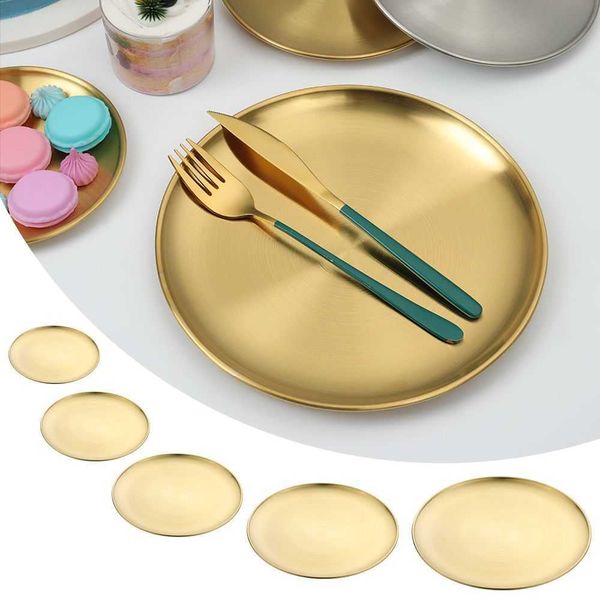 Decorative Plates 1417202326CM Metal Dining Disc Round Plate Dessert Tableware Stainless Steel Bone Spitting Dish Gold Silver Shallow Tray Z