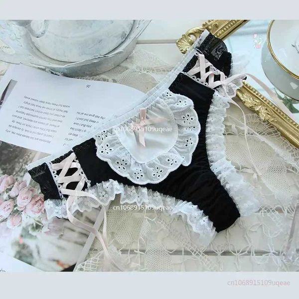 Japanese Modal Underwear Black and White Girl Lace Mid-waist Underwear Cotton Cute Women Kawaii Lingerie Panties Z241211