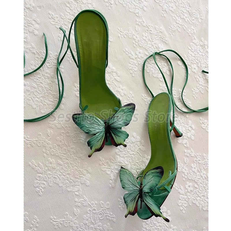 Retro Green Butterfly High Heels For Women Summer New Peep Toe Ankle Strap Sandals Elegant Ladies Lace Up Stiletto Party Shoes