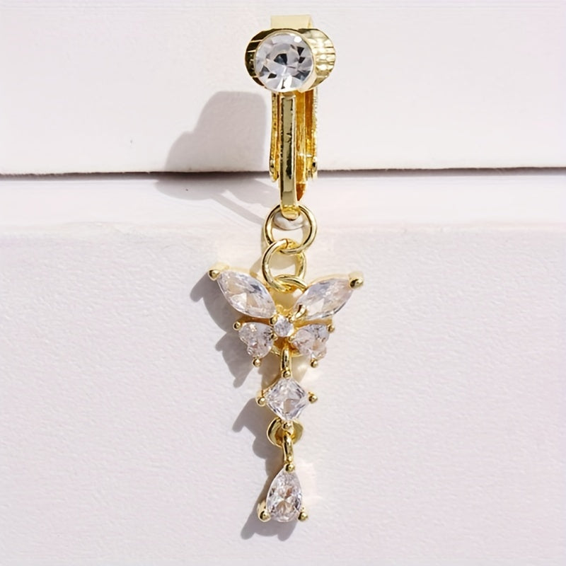 TEMU 1pc No-piercing Belly Button Ring For Women - Clip-on Piercing Jewelry With Pink & Pendant, Golden-tone Copper-like Body Piercing Ccessory, Non-