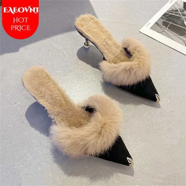 Sandals Womens high heels 2024 fur slider mule Pointed Toe fur slider stylish and elegant designer flip cover office pump Q241226