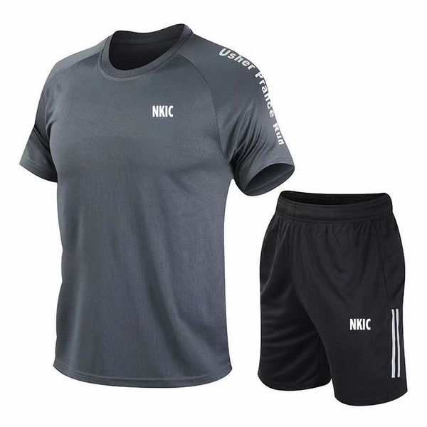 Men&#039;s Brand Clothing Summer Sports Suit Comfortable Breathable Mesh Running Sets Jogging Fitness Gray Tracksuit Men Training Jersey Plu