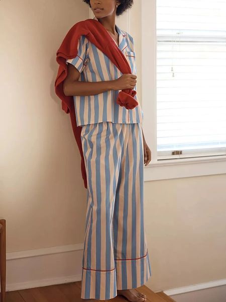 Womens Y2K 2Pieces Underwear Striped Pajama Set Short Sleeve Lapel Collar Shirts Elastic Waist Long Pants Loungewear Sleepwear 240810