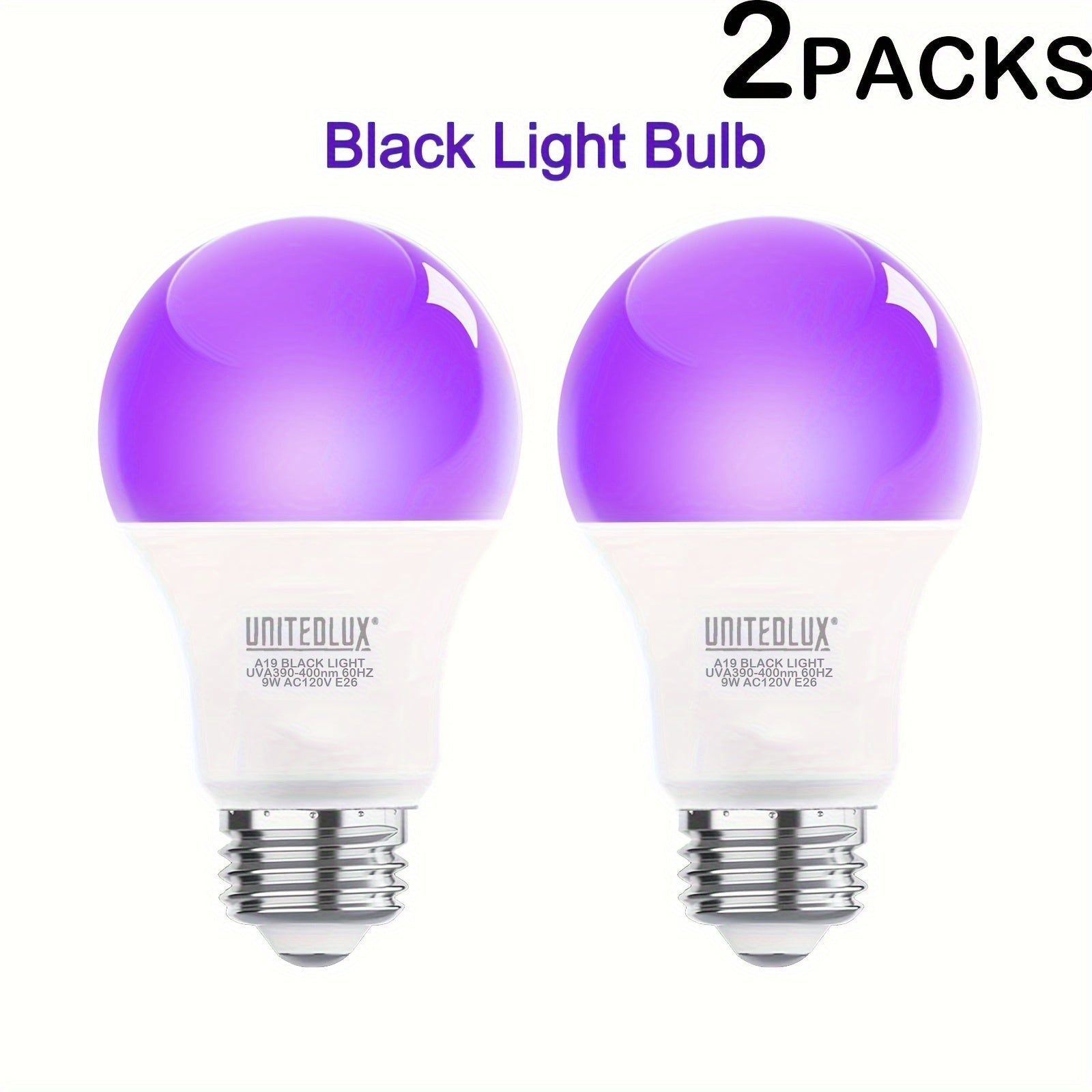TEMU 6 Pcs Unitedlux A19 E26 Led Black Light Bulbs, 2pcs-6pcs 9w 60w Equivalent, Uva Grade 390-400nm , Glow In The Dark For Body Art, Neon Posters,