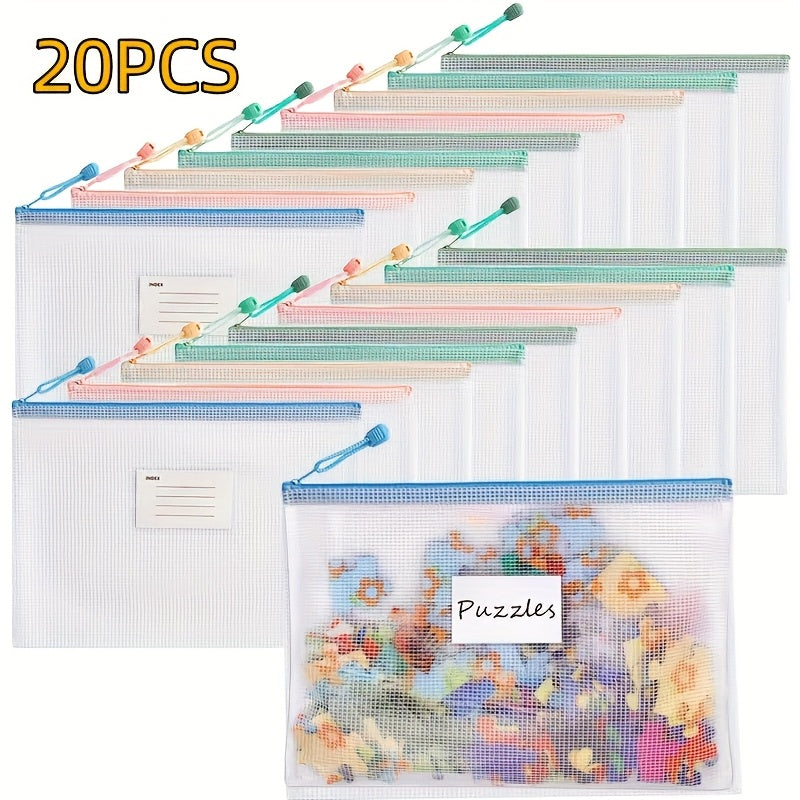 TEMU 20pcs Mesh Woven Zipper Storage Bags - A4 Size Waterproof Organizer Pouches With Tag Pockets & Handles For Board Games, Office Supplies, Crafts,