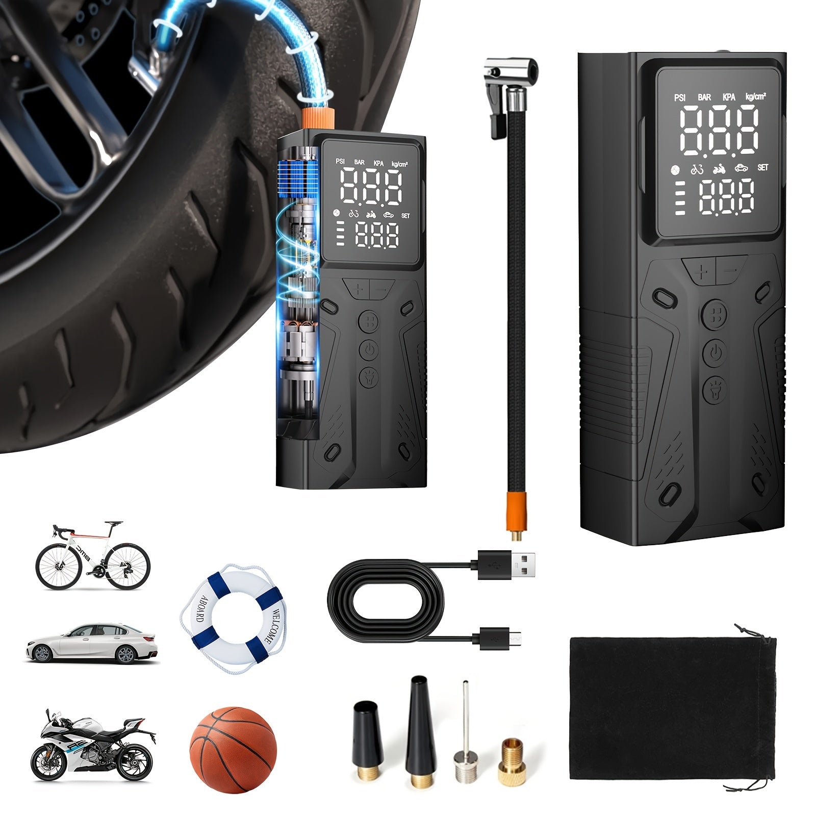 TEMU Portable Tire Inflator Air Compressor, 4000mah, 150psi, 4x Fast Inflation, Digital Pressure Gauge, Led Light, With Usb Cable, Nozzle, Extension