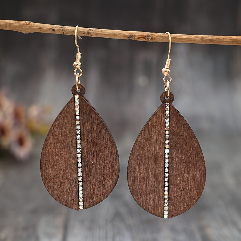 TEMU Pair Of Vintage Minimalist Wooden Teardrop Earrings With Multi-synthetic Gemstones - Brown Wood Grain & Clear Sparkling Stones, Everyday Casual