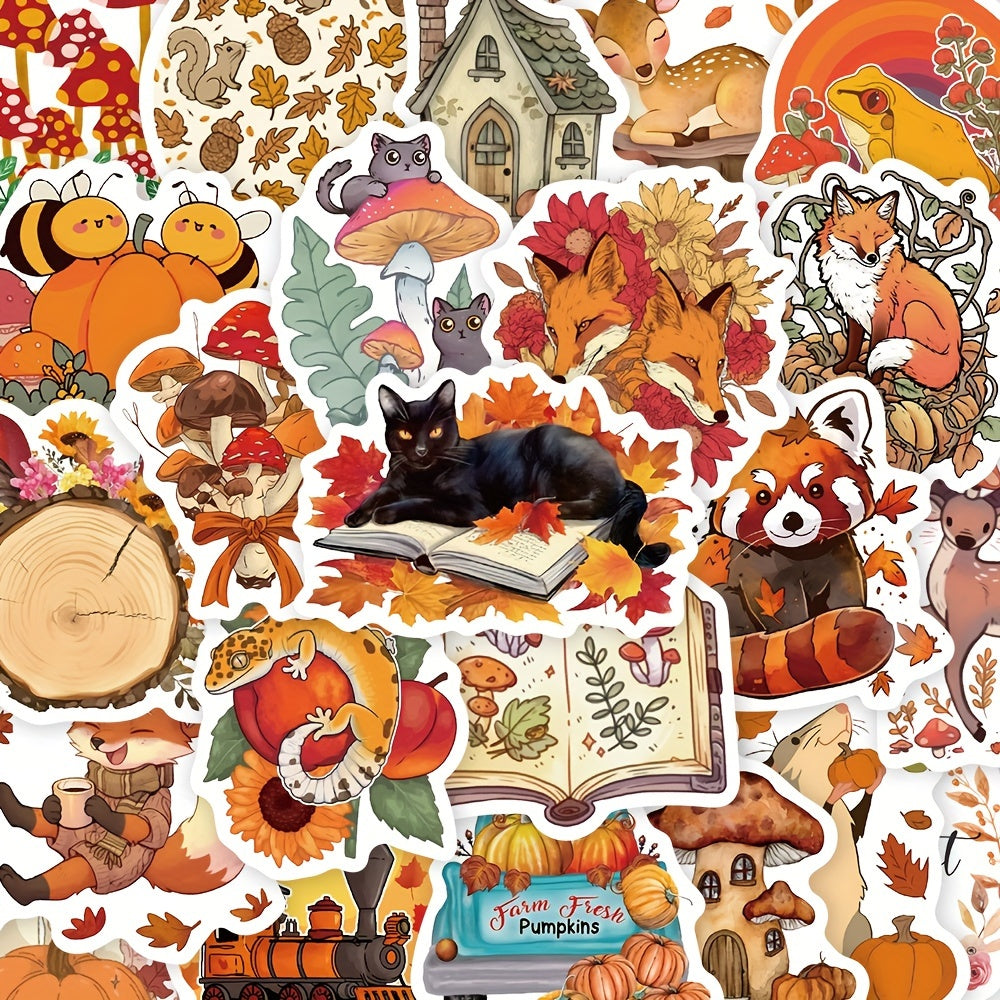 TEMU Gutbd Fall-themed Pvc Stickers | 50pcs Autumn Illustrations For Laptops & Scrapbooking | Animal And With Foxes, Raccoons, Black Cats, , Deer, |