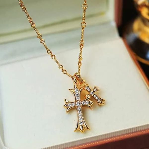 Pendant Necklaces Necklaces Double Cross Vintage Celtic Rhinestone Long Charm Necklace Fashion Choker for Women and Girls Gift Best quality
