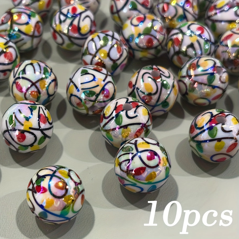 TEMU 10pcs Christmas Series Acrylic Lantern Beads - 16mm Printed Glossy Spherical Beads With Multicolor Festive Patterns (hearts, Snowflakes, Candy