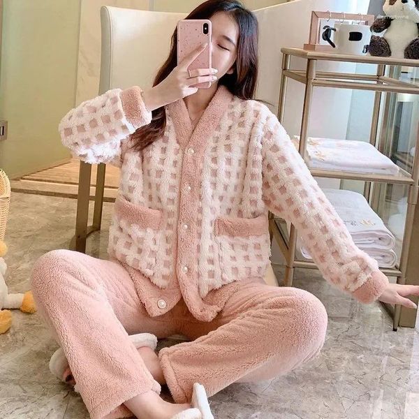 2 Womens Sleepwear Set Fluffy Night Warm Pocket Pamas Fashion Winter Piiama Piece Pant Wear Plaid V-neck Home Fleece Suit Women 2024