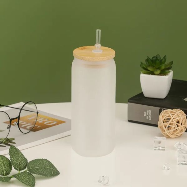 Sublimation Glass Beer Mugs 16OZ Cola Can Tumbler Frosted Jar Soda Beverage Straw Cup with Bamboo Lid and straw ZZ