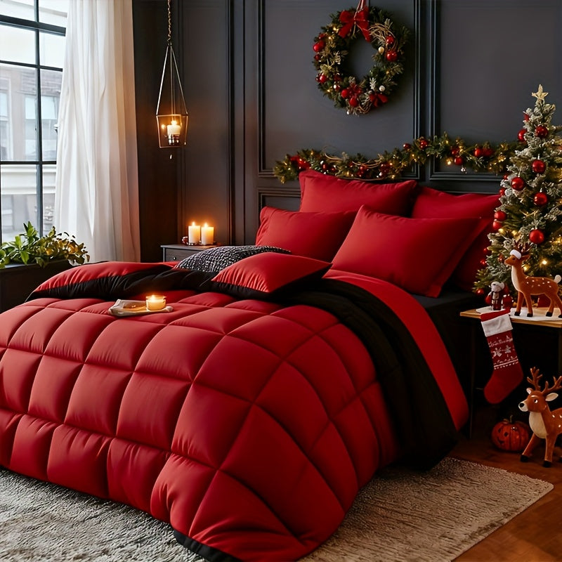 TEMU 3pcs Red-black Comforter Set Queen- Comfortable All Season Comforter Set, Includes 1 Comforter, 1 Pillowcases, Box Quilt Hotel Quality Machine