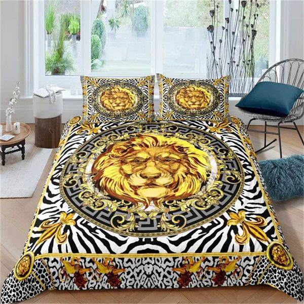 Bedding sets Luxury Baroque Modern Art 3D Golden Lion Print Duvet Cover Set 2-3 Pcs case Bedding Set AU-EU-UK-US Queen and King Size T240604