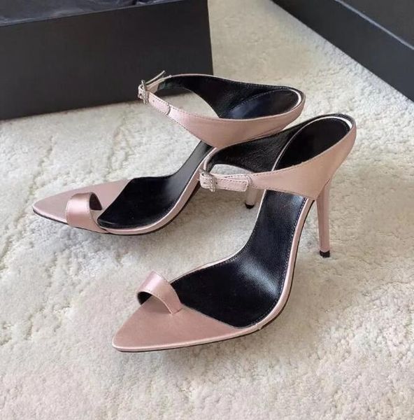 Satin Buckle Ankle Strap Stiletto Heels - Women&#039;s Party Evening Sandals, 2024 Designer Luxury Footwear, 10cm High Heels, Black, Pink Go