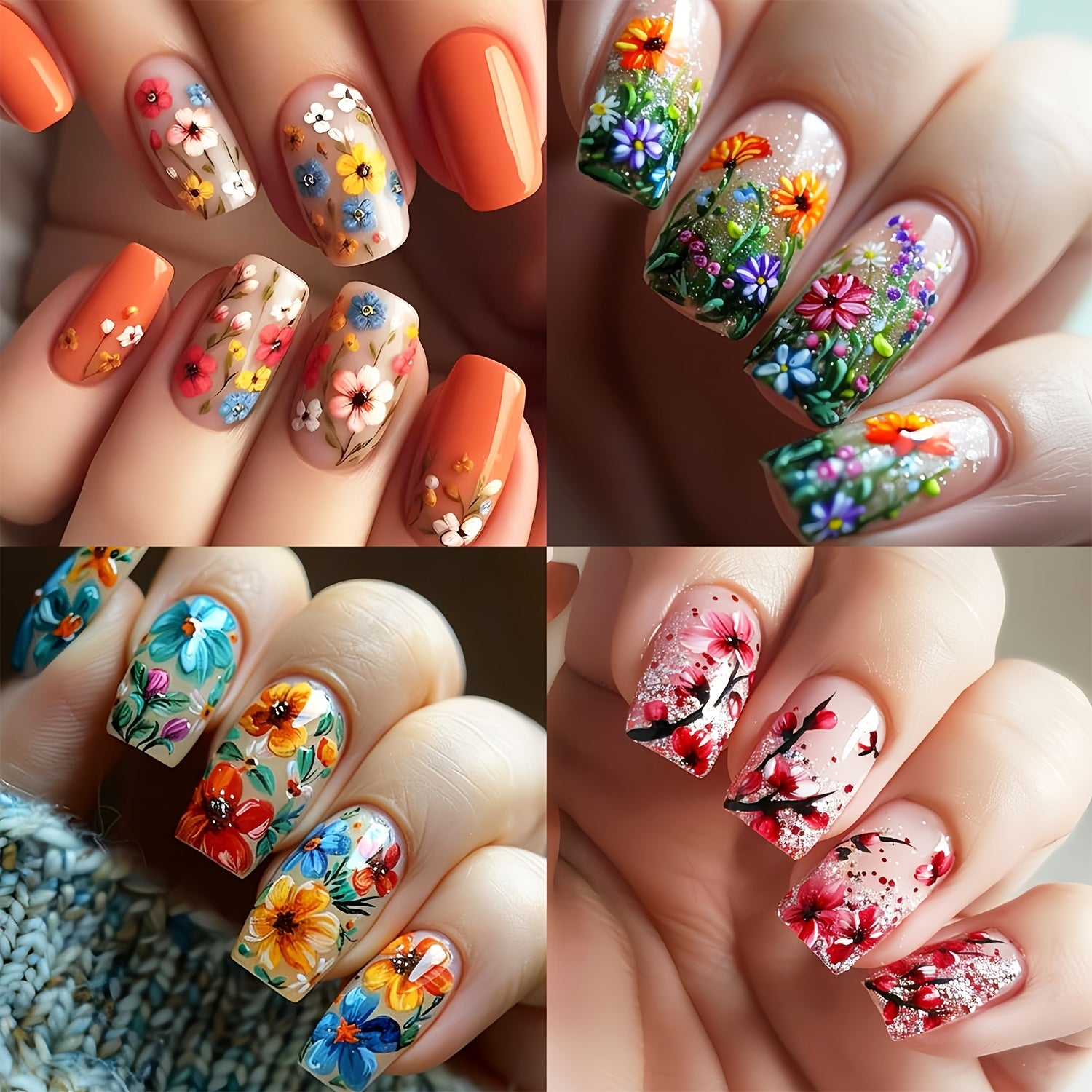 TEMU 4 Sets 96pcs Colorful Flower Fake Nail Set - Medium Square Length, Small Flower And Grass Designs, Glossy Surface Mixed Colors, Reusable Salon