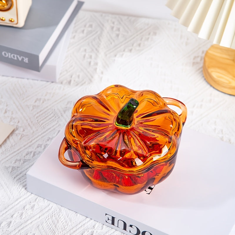 TEMU 16.7oz Pumpkin Glass Jar With Lid - Microwave & Dishwasher Safe Soup Bowl & Candy Dish With Handle, Amber Glass For Halloween Thanksgiving