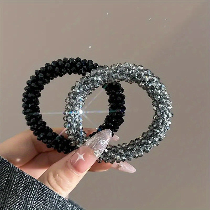 TEMU 2pcs Sparkling Hair Ties - High Ponytail Holders With Black & Clear Gemstones, Elegant Women’s Hair Accessory For Stylish Updos, Secure Updos |