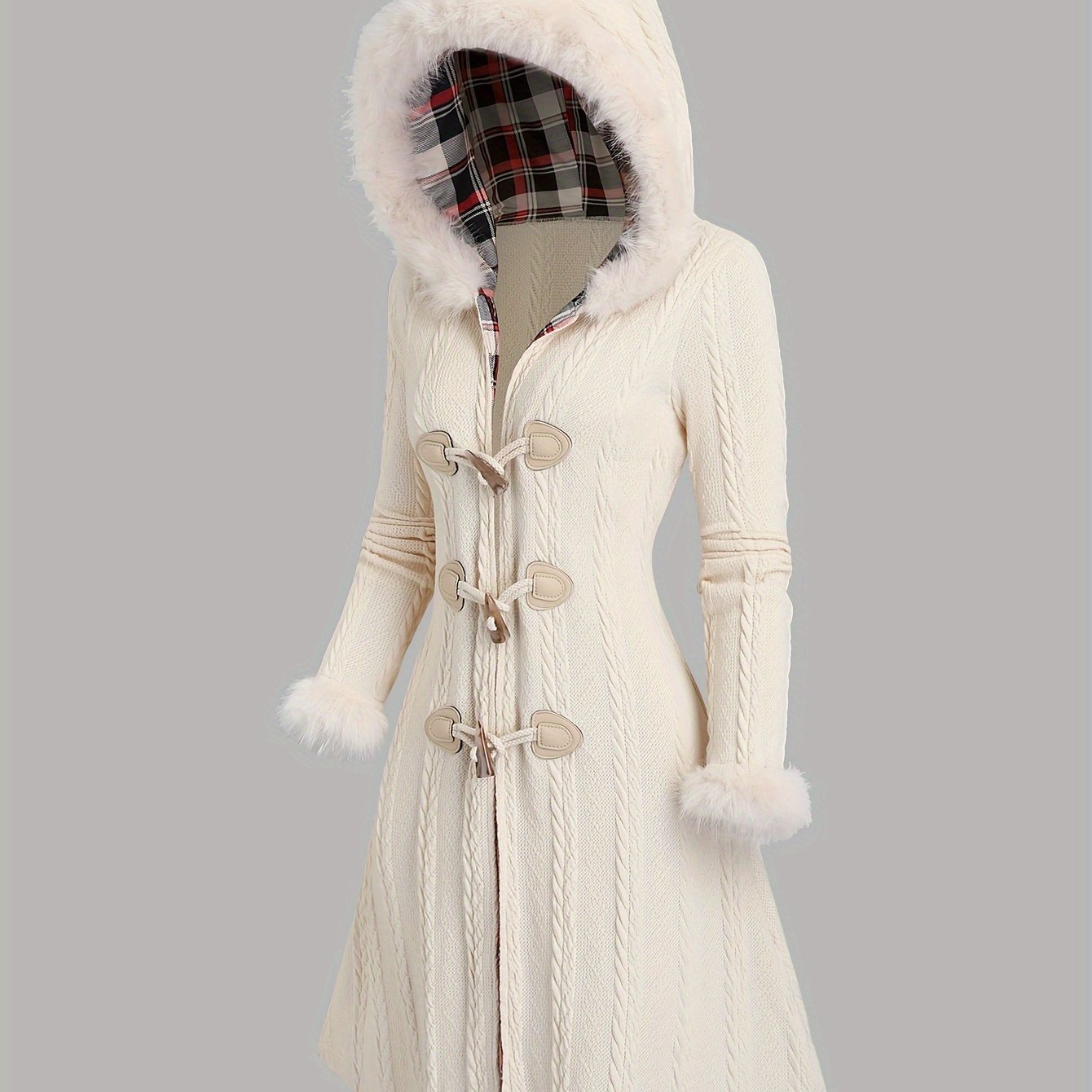 TEMU Y2k Hooded Coat With Horn Buttons - Long Winter Coat For Women, Beige & Brown Color , Cozy Fallwinter Outerwear, Winter Coats, Y2k Fashion,