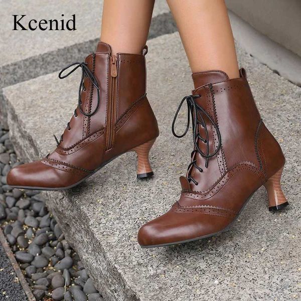 Boots Kcenid Womens Boots Victorian Retro Ankle Boots Kitten Heels Shoes Lace Upward Cross Womens Round Toes Winter Shoes Plus Size 35-50 Q2