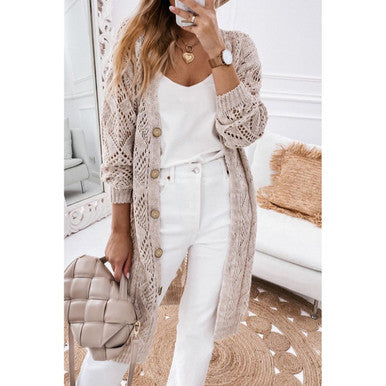 Mckenzie Hollow-out Openwork Knit Cardigan - Khaki - S - 60%Cotton+40%Acrylic