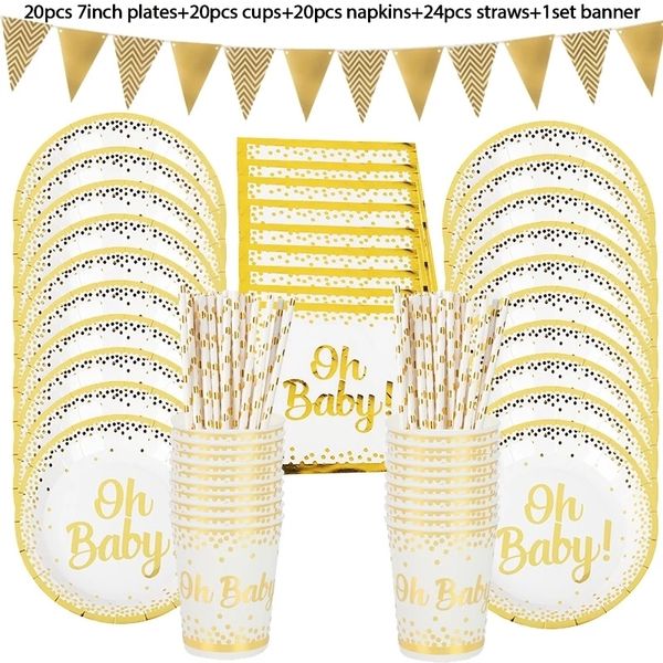 Disposable Flatware 85pcs Oh Baby Gold Dot Tableware Set Boy Girl Shower Favors Plates Cups Gender Reveal Kids Birthday Party Decor 230216