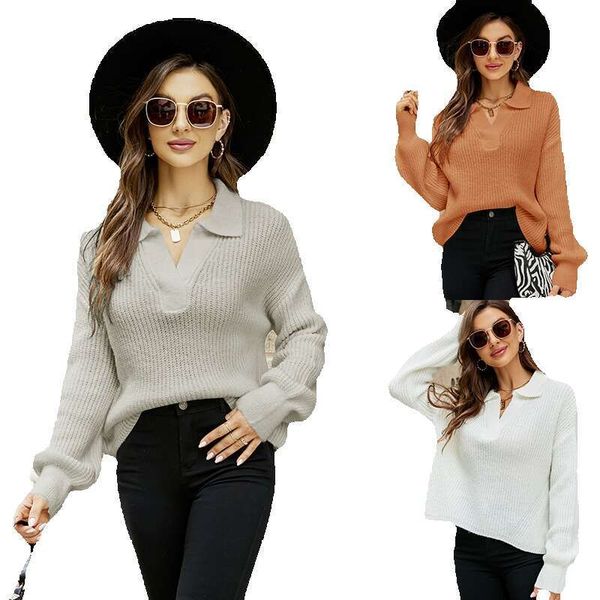 Design Sense Flip Collar Autumn-Winter Sweater Womens Casual Loose and Lazy Style Pullover Bottom Knitted Shirt Small Top