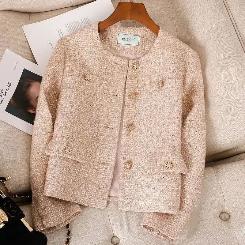 Small Fragrance Tweed Jacket for Women Spring and Autumn Chic Elegant Cropped O-neck Outerwear Pink Casual Loose Blazer Coat 240723