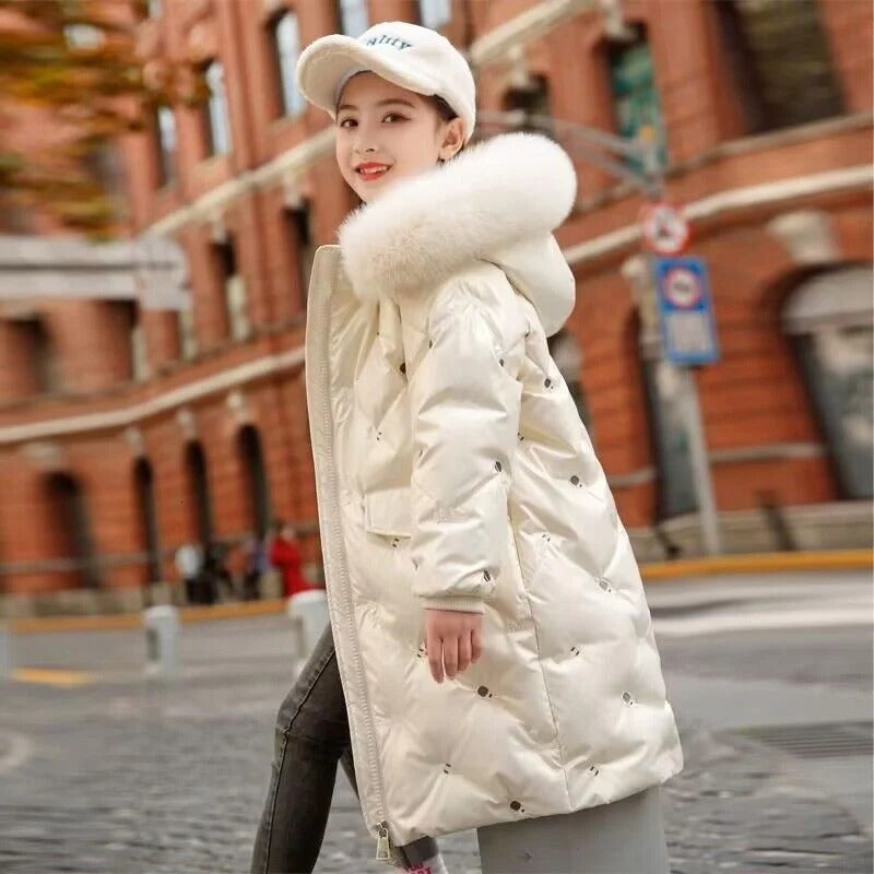 510 Y Winter Thick Cotton Coats For Girls Waterproof Fur Collar Hooded Jackets Kids Outerwear Clothing Teenage Parka Snowsuit 241118