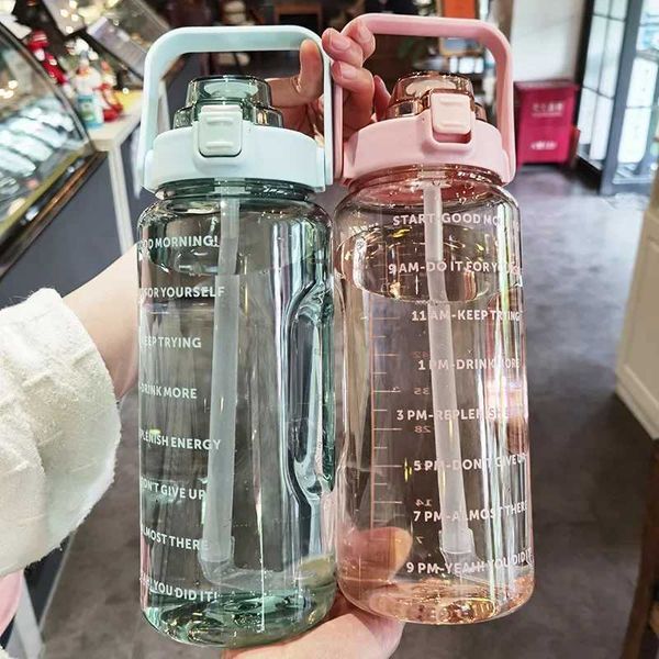 2 Liter Water Bottle with Straw Sports Fitness Water Bottles Men Women Outdoor Cold Water Bottlesc with Time Marker DrinkwareXJ241026