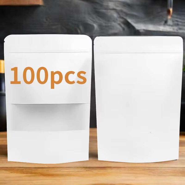 100Pcs Wholesale White Kraft Paper Stand Up Pouch With Window Reusable Food Packaging Zip Lock Bag For Storing, Cookie, Snacks