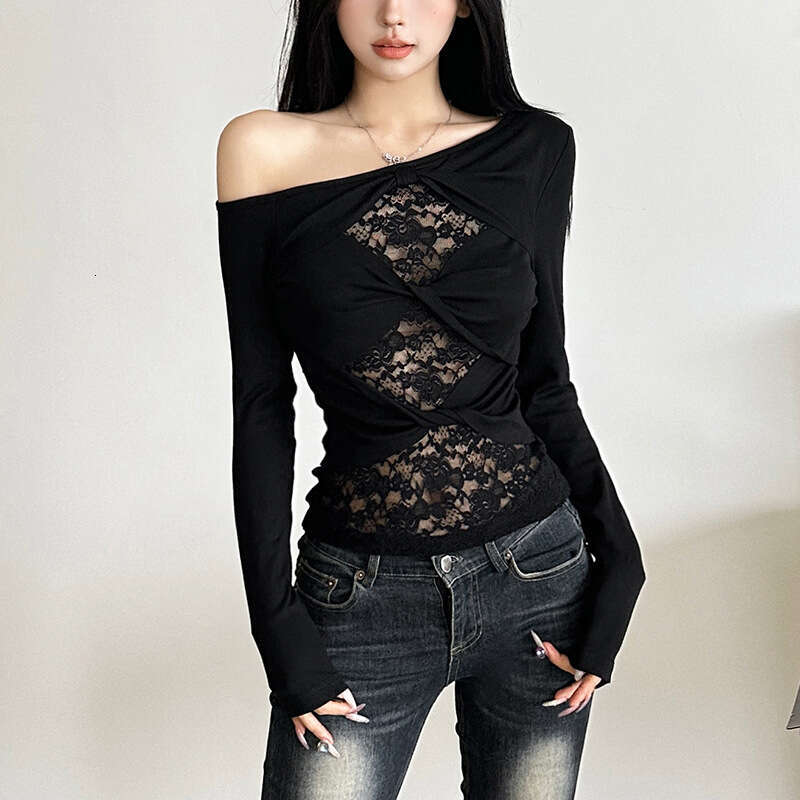 Wind 2024 Autumn New Women&#039;s Slant Collar Lace Hollow Simple Fashion Versatile Solid Color Top