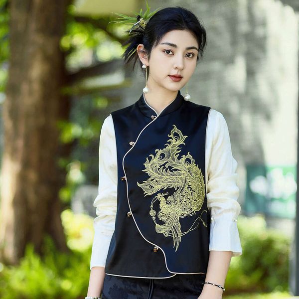 Black Top 2024 Summer Heavy Industry Embroidery Buckle Stand Collar New Chinese Style Acetic Acid Vest for Women Short Waist High Waist Dres