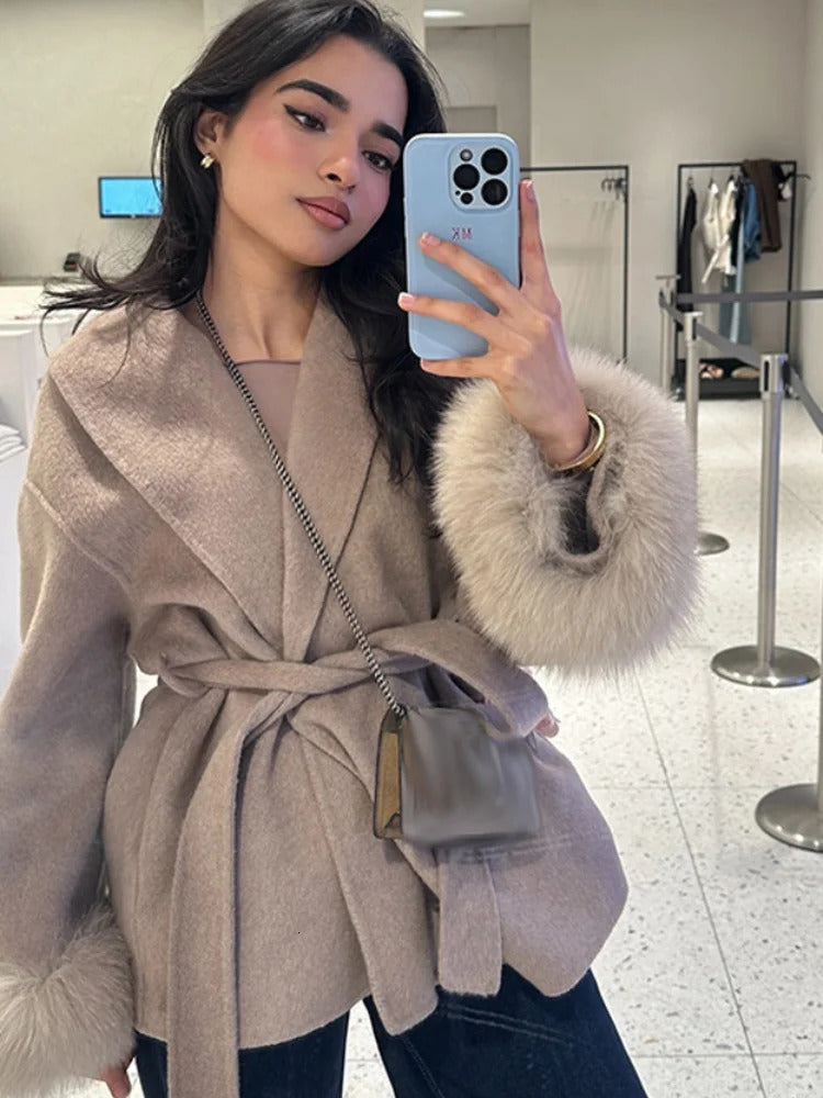 Elegant Lapel Woolen Jacket With Belt Women 2025 Autumn Wool Blend Faux Fur Cuffed Sleeve Coats Fashion Lady Lace Up Outerwear250908