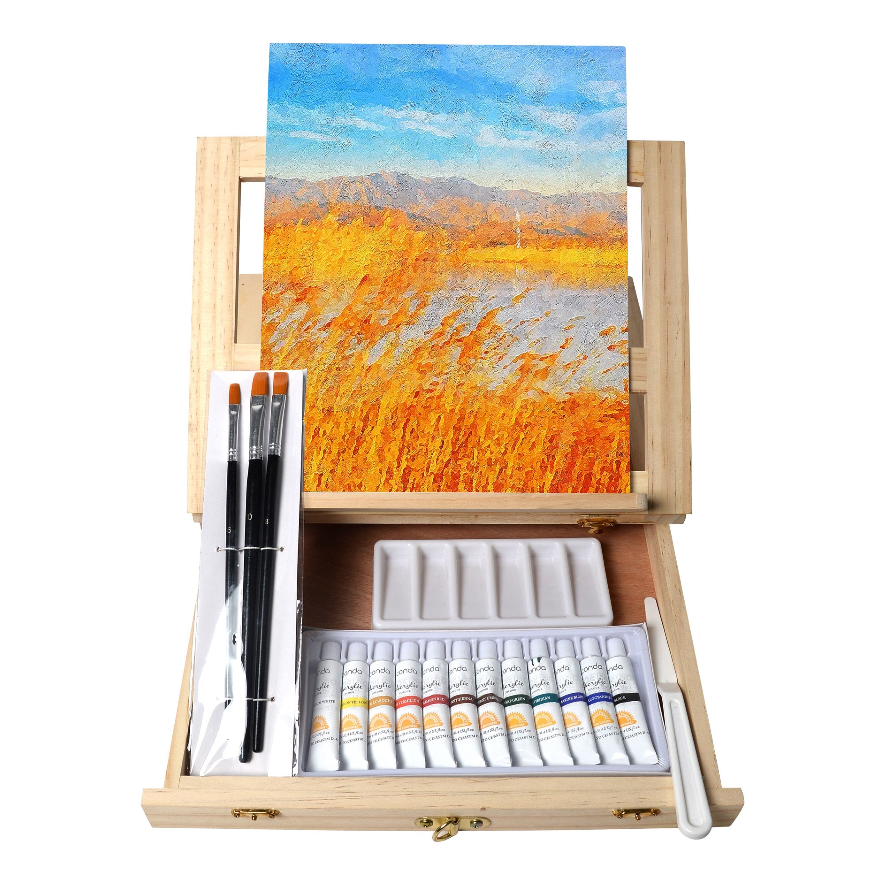 TEMU 19pcs Painting Table Easel Set, Wooden Mixed Set Easel Kit Includes Tabletop Easel, Acrylic Paints, Brushes, Canvas Panel, Art Supplies