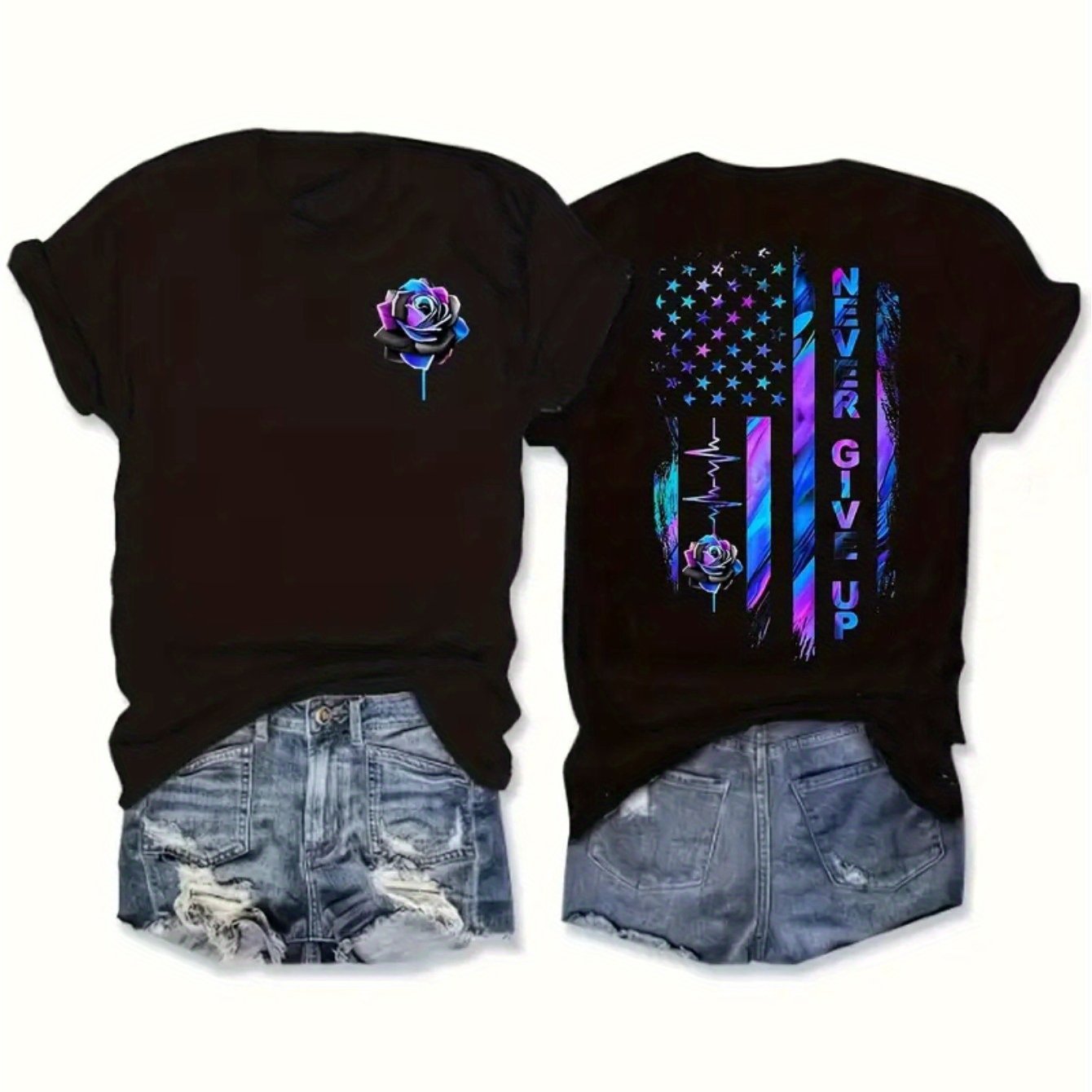 TEMU Floral And Print T-shirt, Casual Short Sleeve Top, Women's Clothing, 180g Pure Double-sided Print Crew Neck Short Sleeve T-shirt, Slim Fit