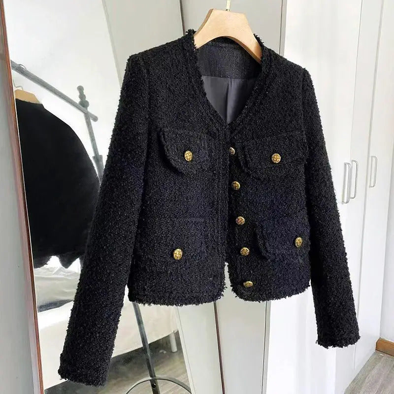 Black Little perfume Coat Short Spring and Autumn Fine Grain Long Sleeve Womens Jacket240807